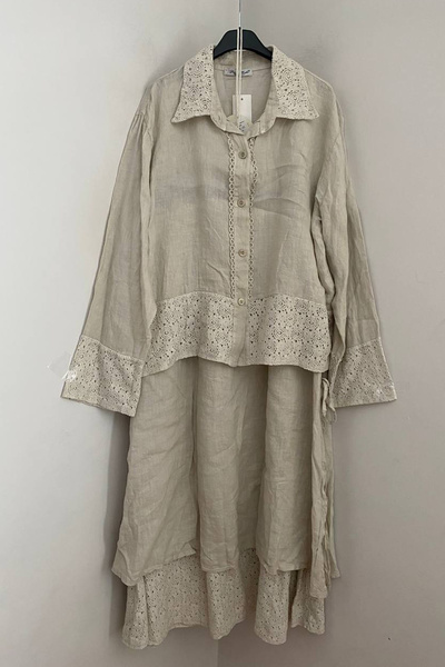 AYASOFYA OTANTIK Women's Italian Beige Lace Detailed 2-Piece Shirt and Skirt ...