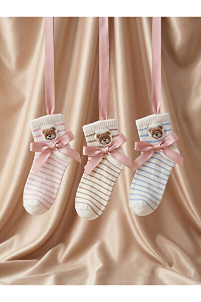 LC Waikiki Rmz Gi̇yi̇m Farkiyla Striped Bear Embroidered Women's Socks 3-Piec...