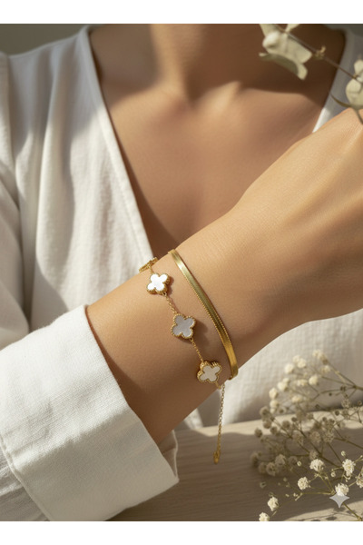 Baelde Beyaz Gold Yonca ve İtalyan Gümüş Bileklik