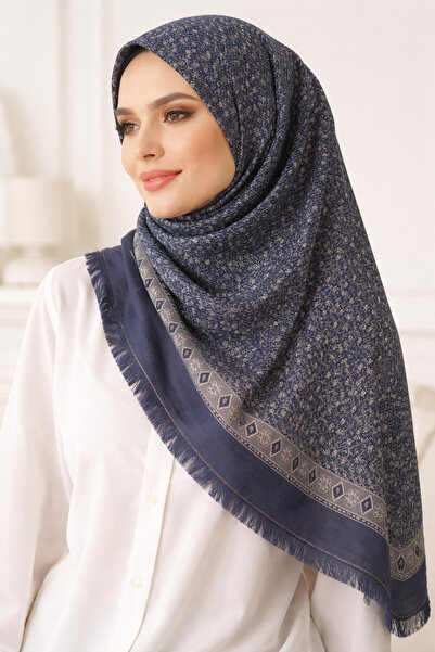 Green Çiçek motifli lacivert bej şal