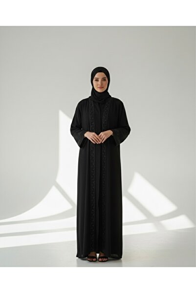 DADO BELLA Siyah Şifon Boncuk İşlemeli Başörtülü Abaya