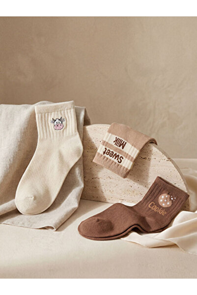 LC Waikiki Rmz Gi̇yi̇m Farkiyla Embroidered Women's Socks 3-Piece Set