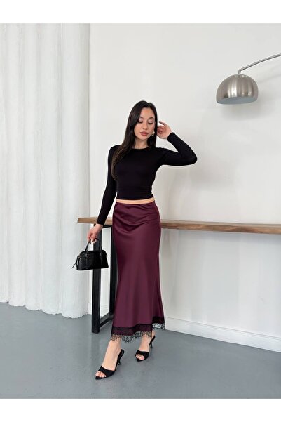 timagna Kadın Saten Midi Boy Etek Dantel Detaylı Yüksek Bel Şık Etek