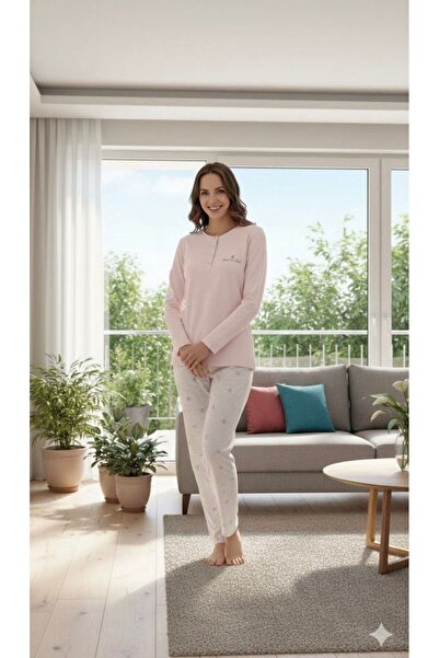 İpek Women's Long Sleeve Three Button Collar Star Pattern 100% Cotton Pajama Set