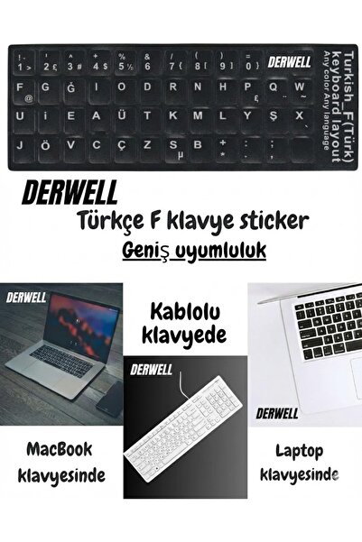 Derwell 1 Adet Türkçe F Klavye Sticker Notebook Pc Uyumlu Klavye Etiketi Sili...