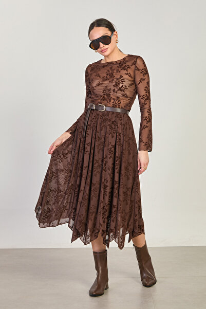 BARRELS AND OIL Women's Floral Patterned Asymmetrical Tulle Skirt - Bitter Brown