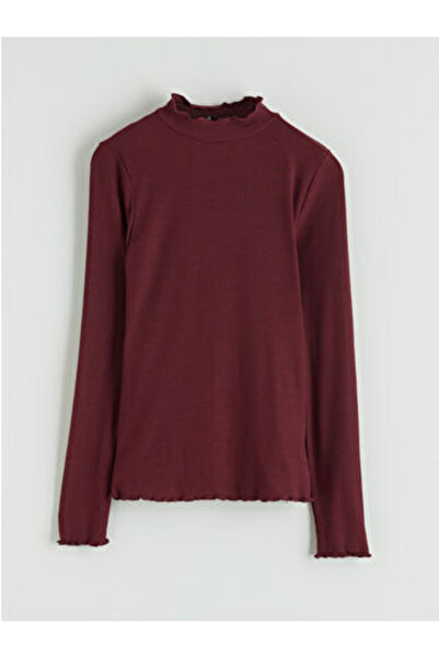 LC Waikiki M1 Sezon Burgundy Ruffled Mock Neck Women's Bodysuit