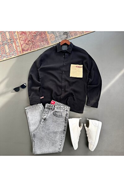 tiggir moda Men's Oversize Straw Pocket Linen Shirt and Jeans 2-Piece Set