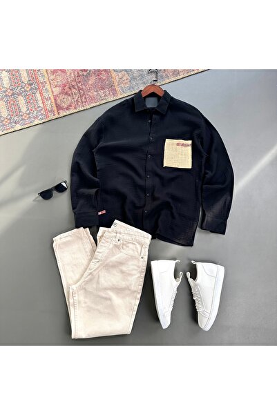 tiggir moda Men's Oversize Straw Pocket Linen Shirt and Jeans 2-Piece Set