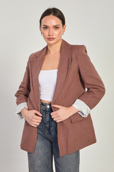 BARRELS AND OIL Women's striped linen blazer jacket - coffee