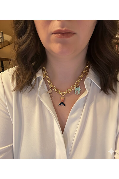 Sâden Collection Kadın Altın Kaplama Çoklu Figürlü Charm Kolye - Deniz Kızı, ...