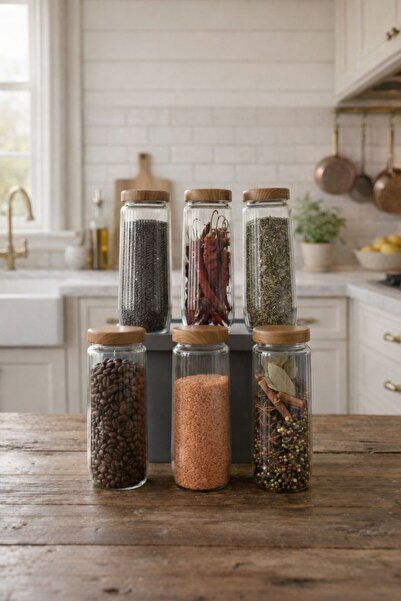 CASTEROLİ 6 Pieces 1.5 Liter Bamboo Lid Striped Jar Set 1500 ml