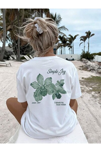 Vordevia Tricou unisex supradimensionat, alb, cu imprimeu Simple Joy, cu croi...