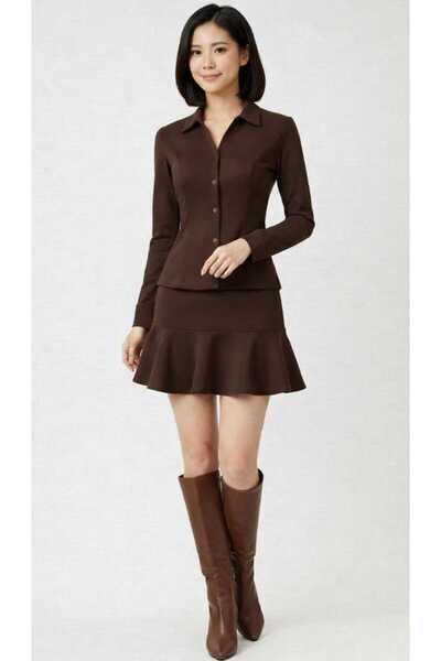 KANİKEY Kadın Kışlık Pamuklu Kahverengi Şort etek Gömlek Takım-SREGMLK002-SF