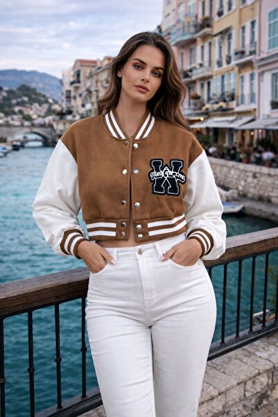 ASELMAVİ BASKILI CROP KOLEJ CEKET