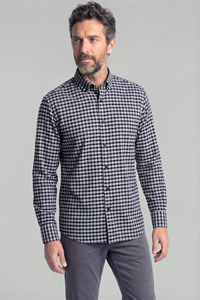 Bisse Modern Fit Italian Collar Buttoned Plaid Winter Cotton Navy Blue Men's ...