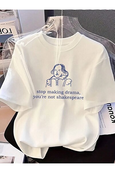 Vordevia Tricou unisex supradimensionat alb cu imprimeu Drama, croială confor...