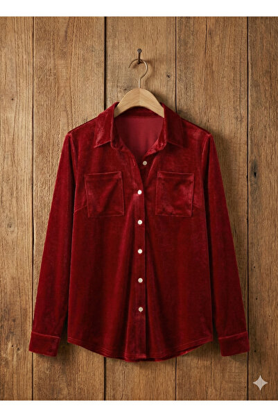 COjans Women's Long Sleeve Collared Front Buttoned Velvet Shirt with Pocket D...