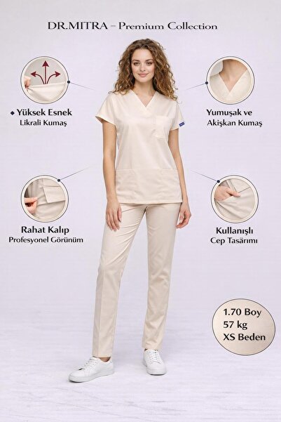 Dr. Mitra Kum Beji Likralı Hemşire Doktor Forması Unisex Cerrahi Takım Scrubs...