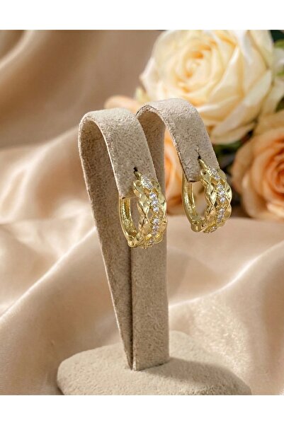 BEKLEMİN TAKILARI Xuping Örgü Model Zirkon Taşlı Halka Küpe 14 K