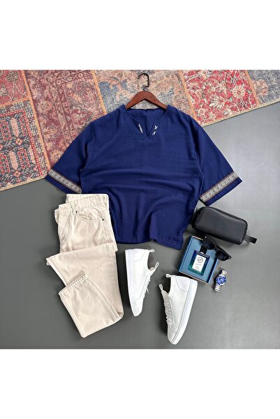 tiggir moda Men's Oversize Linen Embroidered T-Shirt and Jeans 2-Piece Set