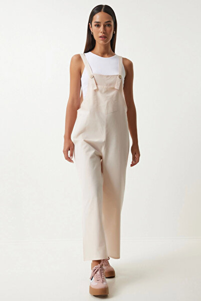 Lior Design Açık Bej Önü Cepli Askılı Yazlık Gabardin Bahçıvan Tulum