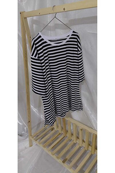 aryam butik Striped Oversize Short Sleeve Viscose Side Slit Combed Cotton Blo...