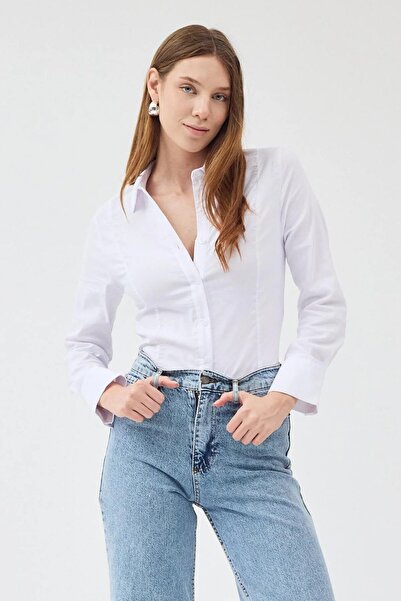 MADAMMERY Women's Slim Fit Fitted Long Sleeve Lycra White Basic Shirt