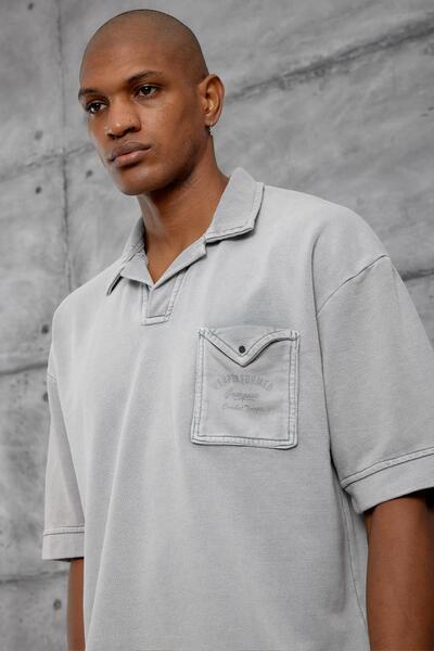 NOMARC Gray Polo Collar Pocket Washable Oversize Tshirt