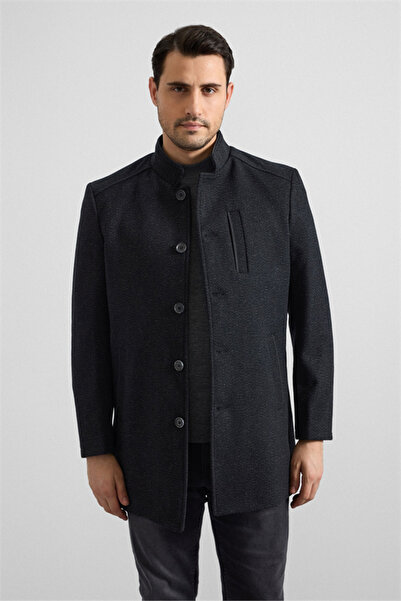 SÜVARİ Siyah Regular Hakim Yaka Cepsiz Kaban
