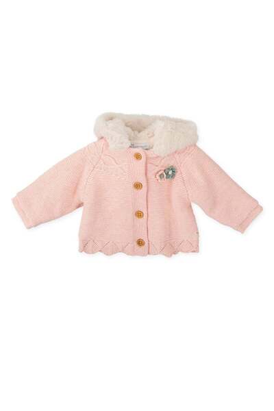 PETIT-ATELlER كارديجان وردي محبوك من بيتيت أتيليه، مزين بغطاء رأس من الفرو فر...