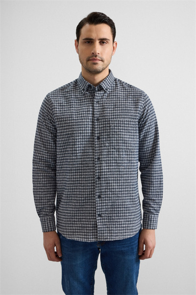 SÜVARİ Lacivert Regular Düğmeli Yaka Kareli Casual Gömlek