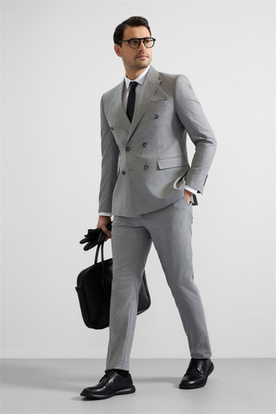 SÜVARİ Gri Slim Kruvaze Yaka 6 Drop Takım Elbise