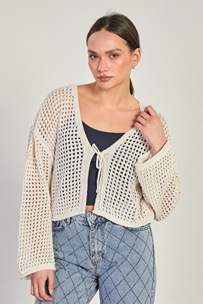 BARRELS AND OIL Women's Front-Tie Openwork Crop Cardigan - Natural