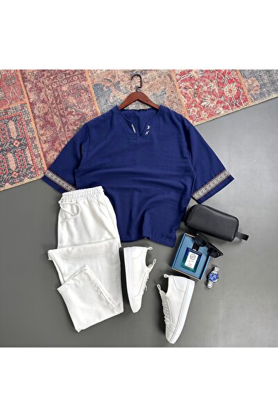 tiggir moda Men's Oversize Linen Embroidered T-Shirt and Pants 2-Piece Set