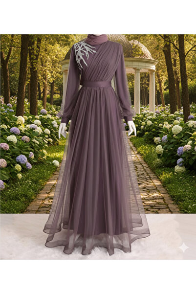 bellura Önü Taş Detaylı Drapeli Kemerli Abiye