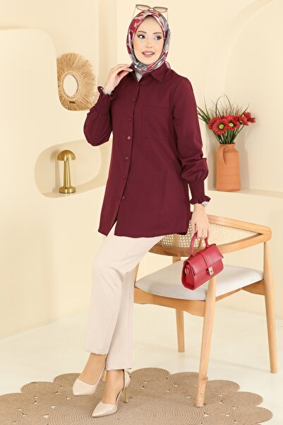 ModaMerve Manşeti Lastikli Terikoton Gömlek 338ASN888-MS Bordo
