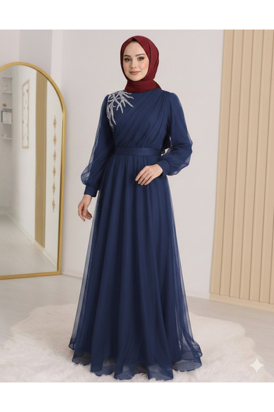 bellura Önü Taş Detaylı Drapeli Kemerli Abiye