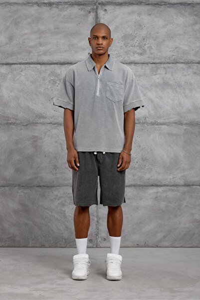 NOMARC Gray Polo Single Pocket Zippered Oversize Washable Tshirt