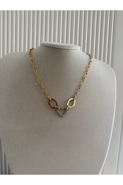 Elmira Jewelry Çelik 14K Gold Ataç Ucu Kalp Taşlı Kolye