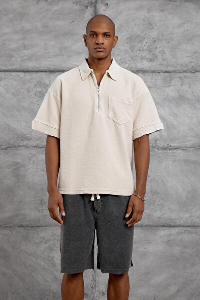 NOMARC Cream Polo Single Pocket Zippered Oversize Washable Tshirt
