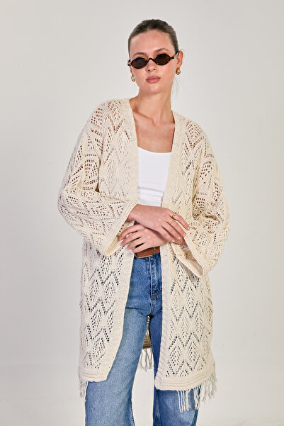 BARRELS AND OIL Women's Fringed Hem Openwork Long Sleeve Cardigan - Natural
