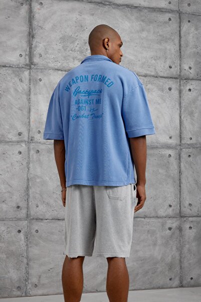 NOMARC Blue Polo Collar Pocket Washable Oversize Tshirt