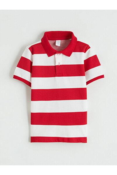 LC Waikiki Kırmızı Polo Yaka Çizgili Erkek Çocuk Pike Tişört