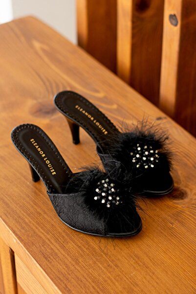 Eleanor Louise Black Furry Stoned Women's Heeled Slippers