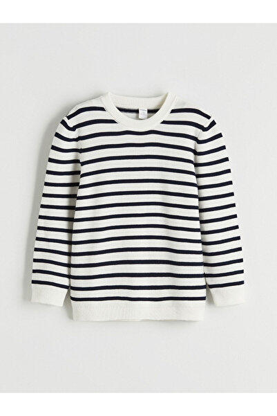 LC Waikiki Elsiva Collection Navy Blue Crew Neck Striped Boys' Knit Sweater