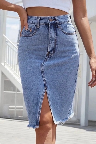 Helen Goods New Season Women's Lycra Denim Skirt with Slit Detail