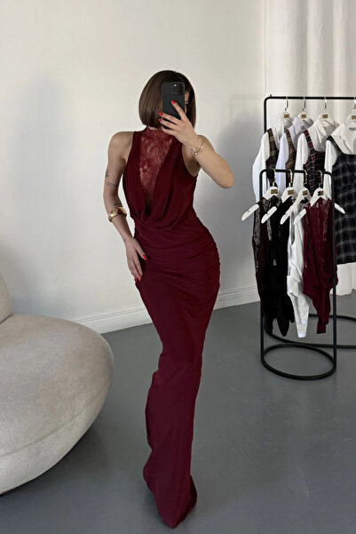 MOZENA Deep V-Neck Lace Detail Long Dress