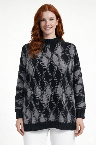 Neden Tekstil Black Gray Wave Patterned Half Turtleneck Oversize Knitwear Swe...