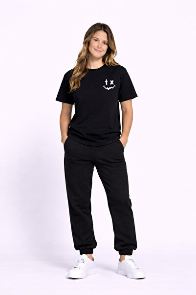 NEVERMIND Sevgili Kombini Çift Tişört Oversize Unisex Uyumlu Çift Kombin 2'li Set Siyah